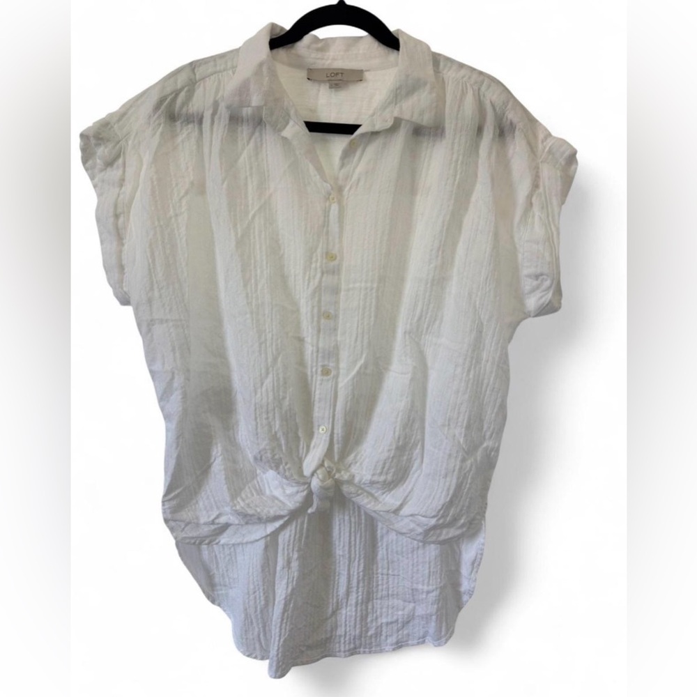 LOFT White Cotton Gauze Button Front Tie Top